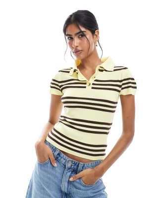 fine knit rugby top with short sleeves in yellow stripe-Multi