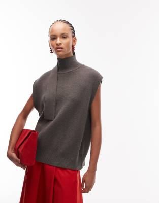 Asos Design Fine Knit Scarf Detail Tank Top In Gray