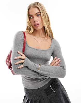 Asos Design Fine Knit Scoop Neck Long Sleeve Top In Charcoal Heather-gray