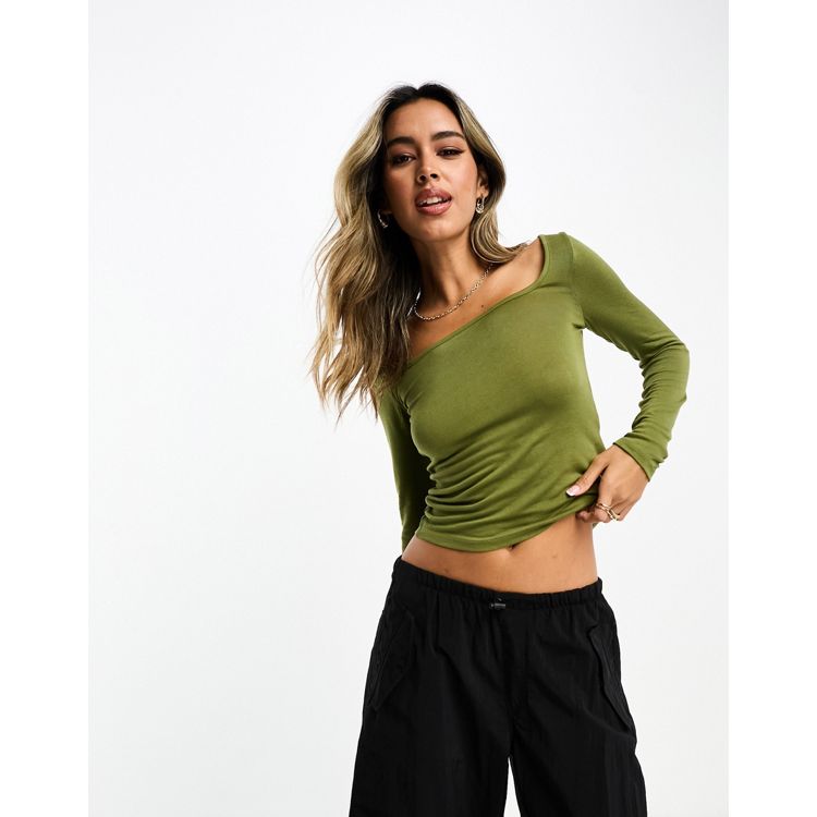 Skill Seamless Sweetheart Neckline Ruched Bust Crop Top In Khaki