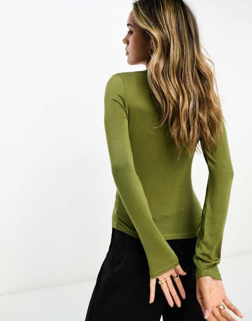 ASOS DESIGN fine knit scoop neck long sleeve top in khaki