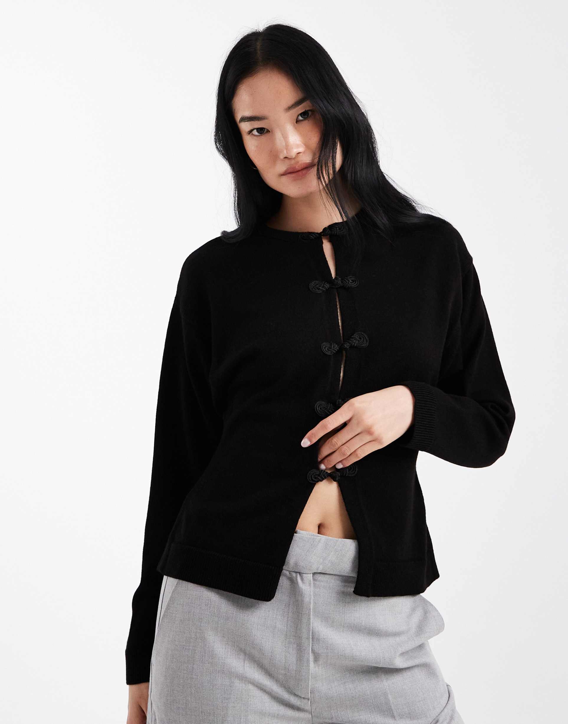 asos design fine knit sculpted cardigan with frog closures in black