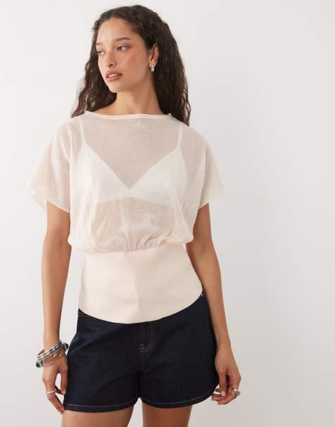 ASOS DESIGN fine knit sheer cinched top in ecru - view 1