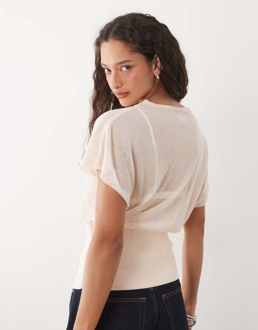 ASOS DESIGN fine knit sheer cinched top in ecru, 4 of 4