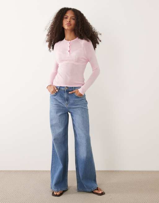 ASOS DESIGN fine knit sheer henley top in pink, 2 of 4