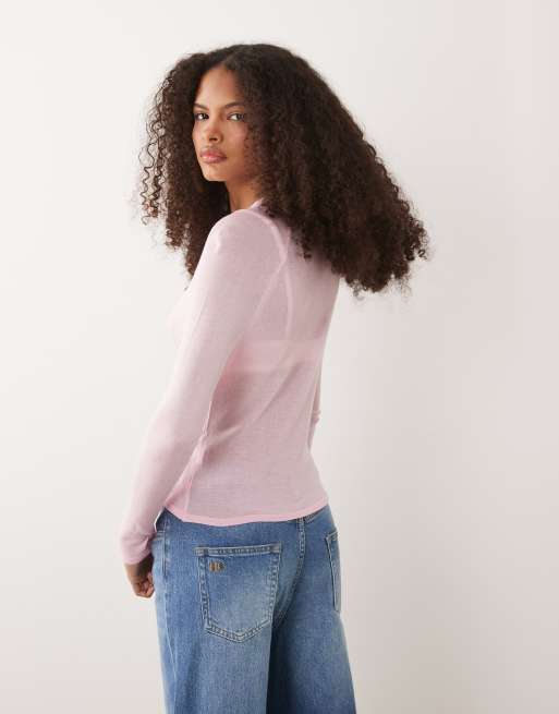 ASOS DESIGN fine knit sheer henley top in pink, 3 of 4