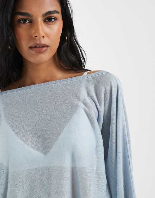 ASOS DESIGN fine knit sheer poncho in blue, 2 of 4