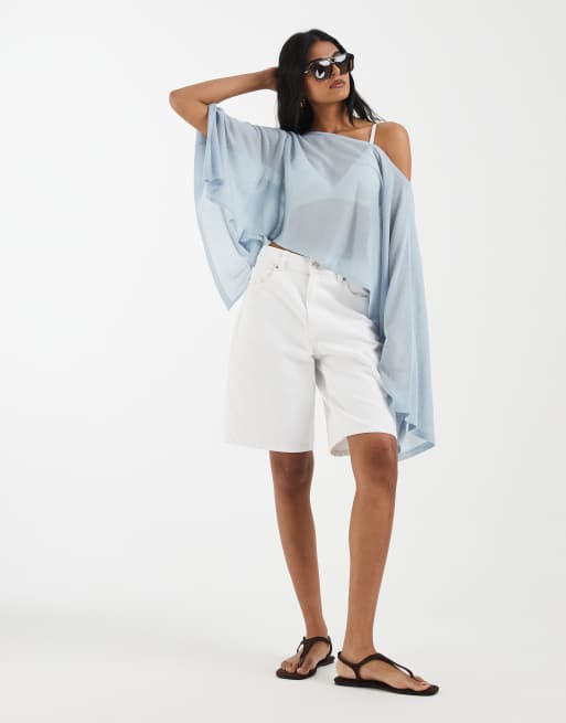 ASOS DESIGN fine knit sheer poncho in blue, 3 of 4