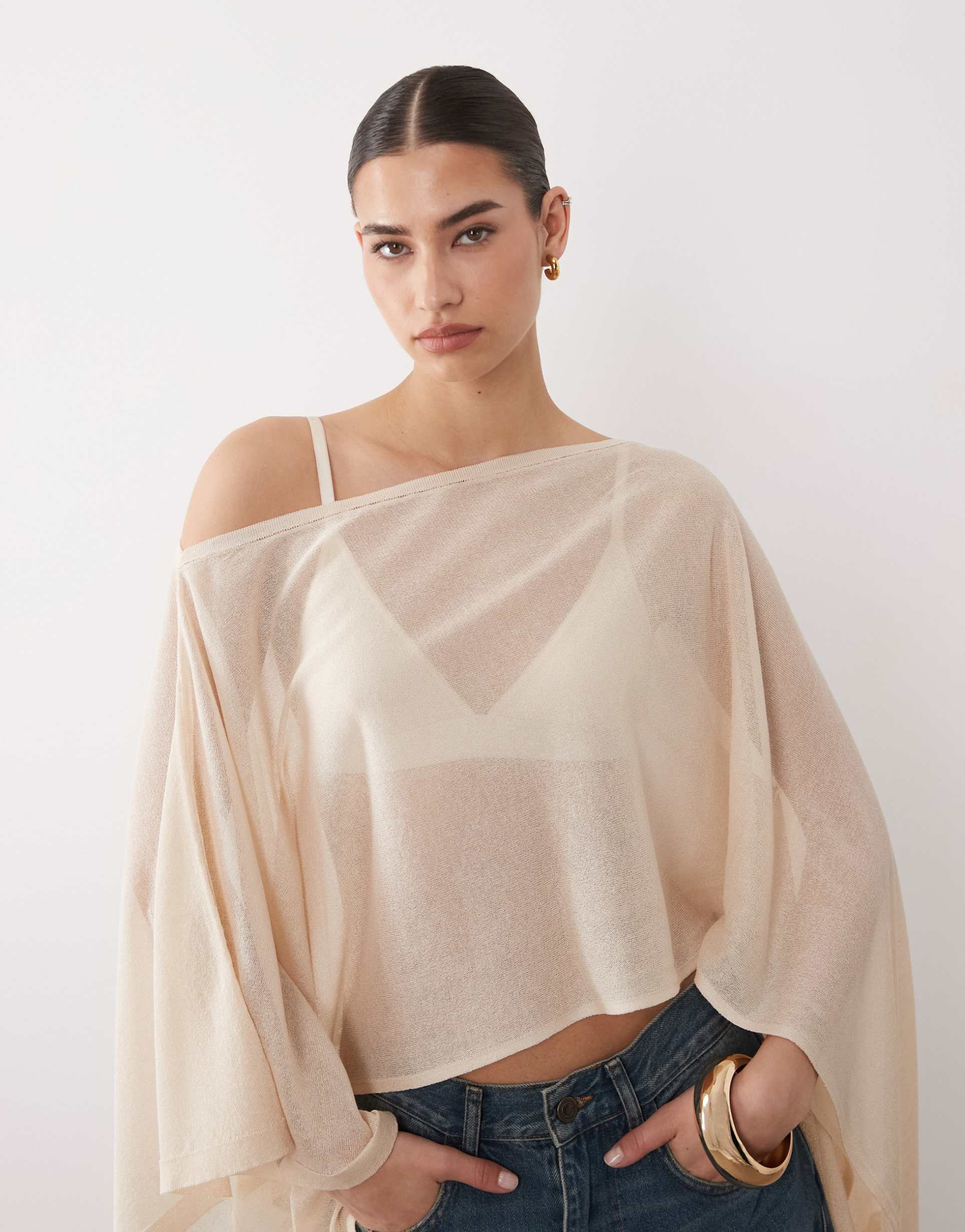 asos design fine knit sheer poncho in ecru