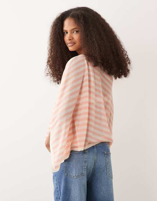 ASOS DESIGN fine knit sheer poncho in peach stripe, 2 of 4