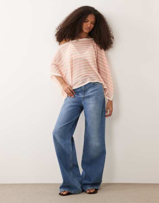 ASOS DESIGN fine knit sheer poncho in peach stripe, 3 of 4
