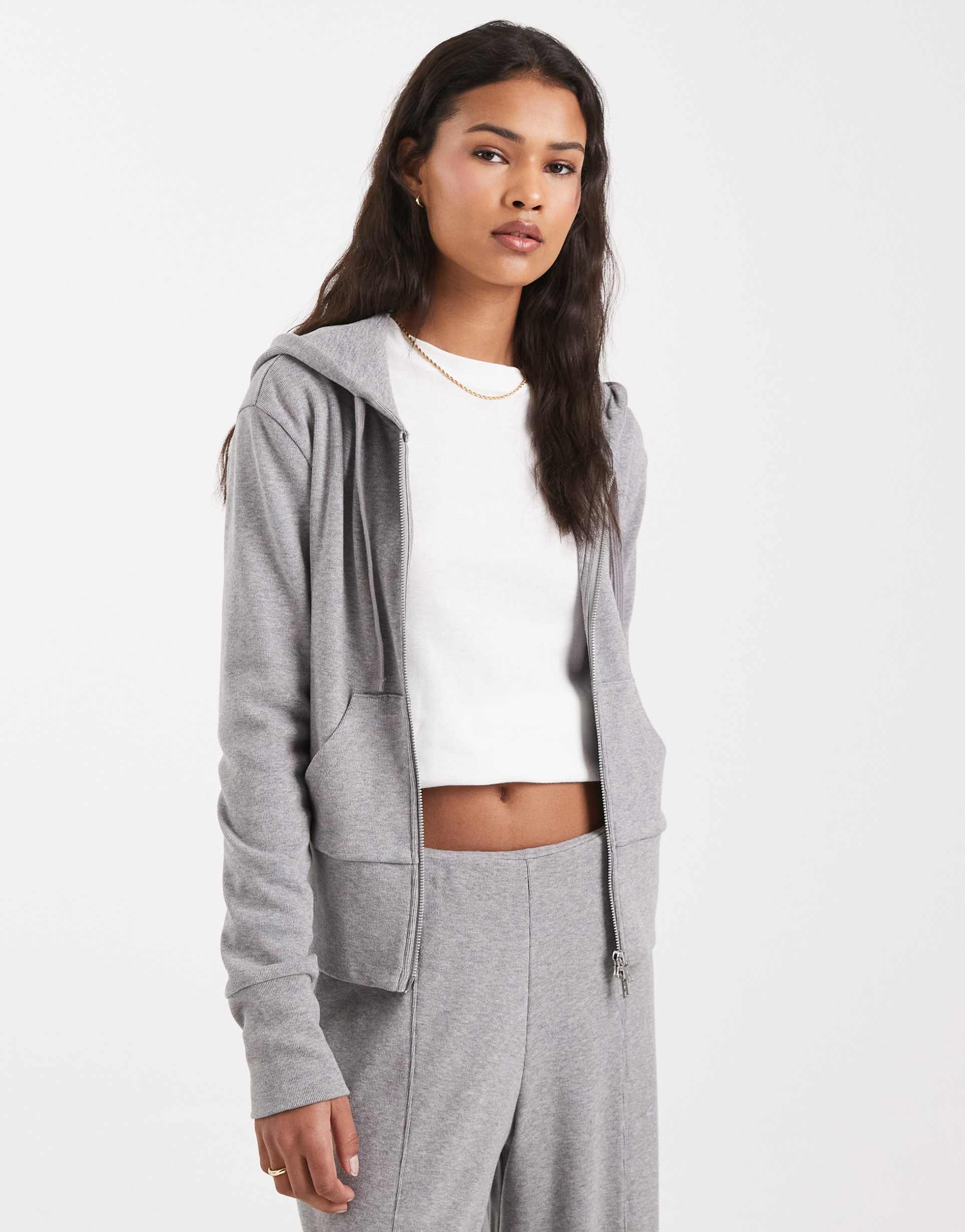 asos design fine knit shrunken zip up hoodie in heather gray
