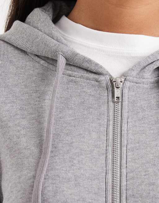 ASOS DESIGN fine knit shrunken zip up hoodie in heather gray, 4 of 4