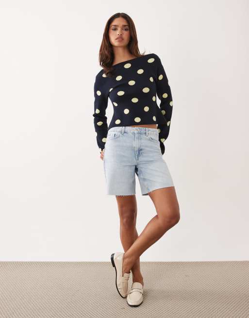 ASOS DESIGN fine knit slash neck jumper in navy polka dot, 2 of 4