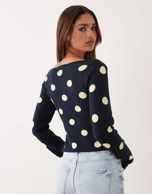 ASOS DESIGN fine knit slash neck jumper in navy polka dot, 4 of 4