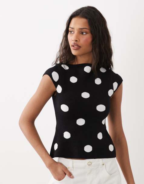 ASOS DESIGN fine knit slash neck top in black polka dot print - view 1