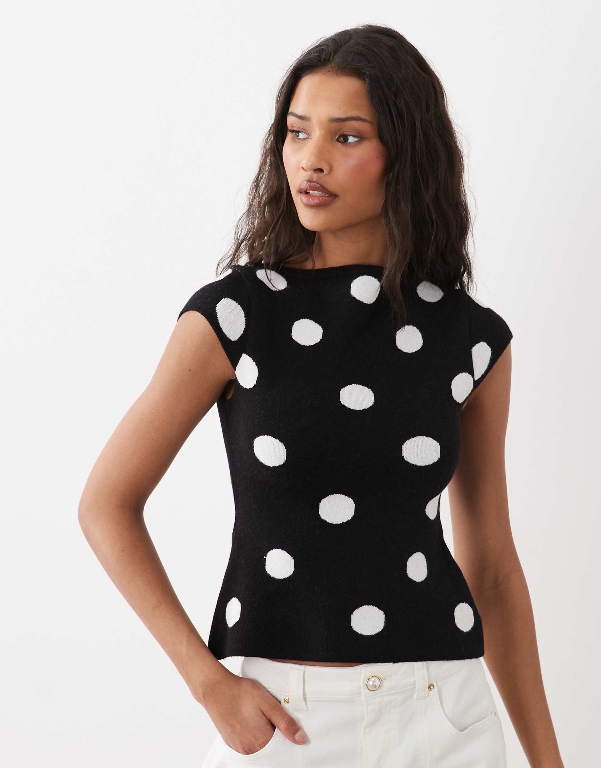 asos design fine knit slash neck top in black polka dot print