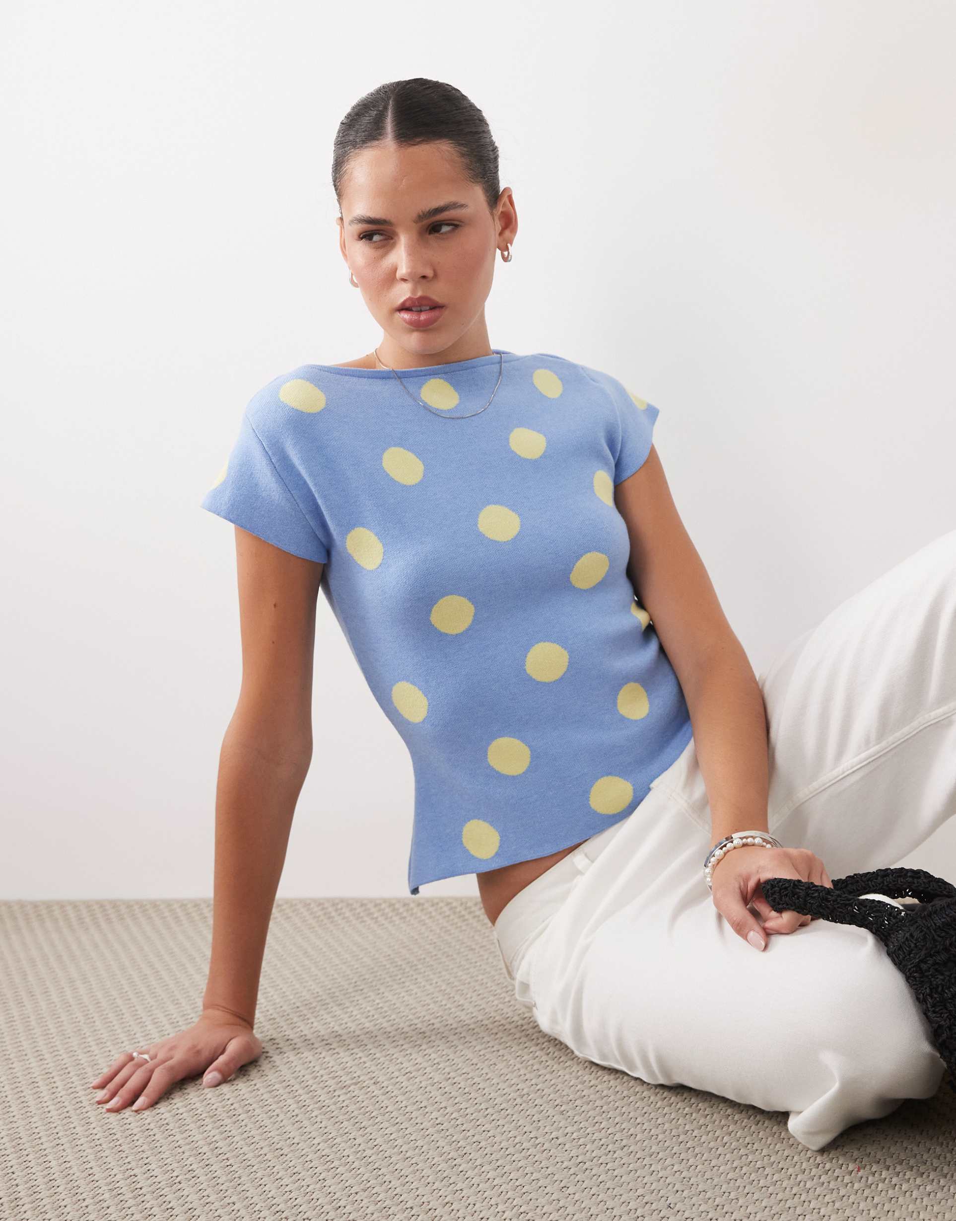asos design fine knit slash neck top in blue polka dot print