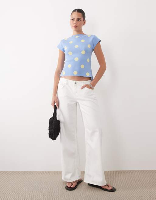 ASOS DESIGN fine knit slash neck top in blue polka dot, 2 of 4