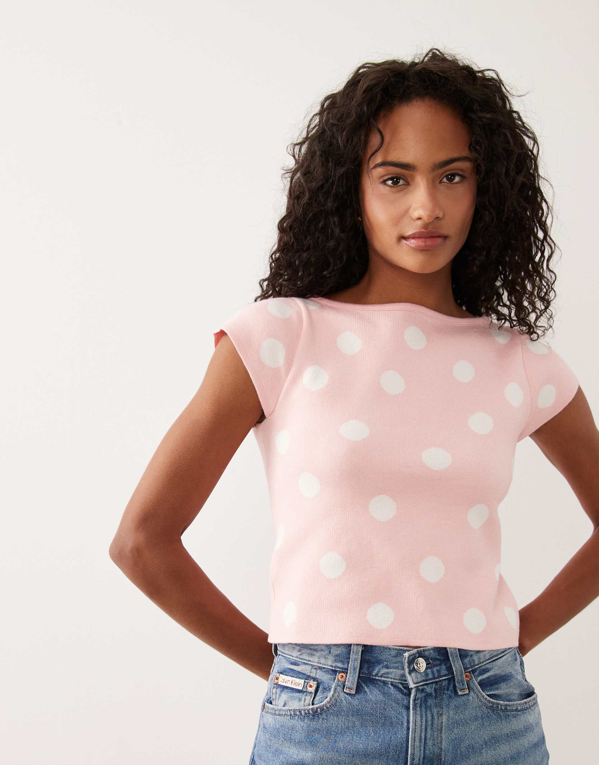 asos design fine knit slash neck top in pink polka dot