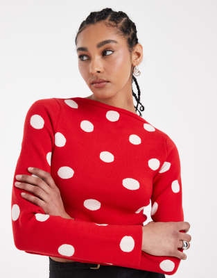ASOS DESIGN fine knit slash neck top in red polka dot-Multi