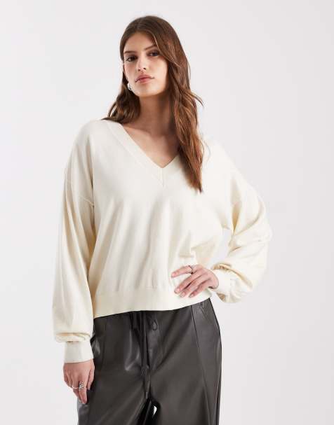 ASOS DESIGN fine knit soft v neck jumper in ecru - view 1