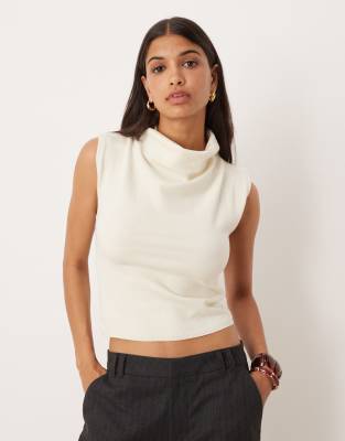 Asos Design Fine Knit Tank Top With Draped Neckline In Blue