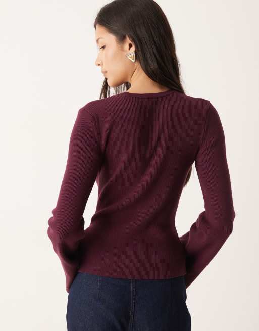 ASOS DESIGN fine knit top with flare sleeve in plum, 2 of 4
