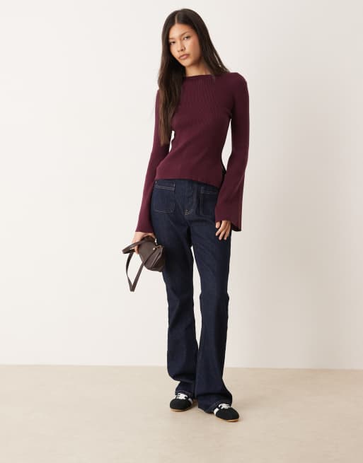 ASOS DESIGN fine knit top with flare sleeve in plum, 3 of 4