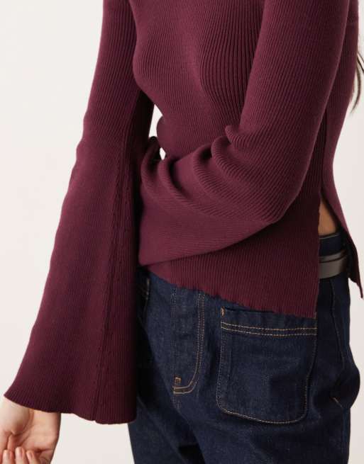 ASOS DESIGN fine knit top with flare sleeve in plum, 4 of 4