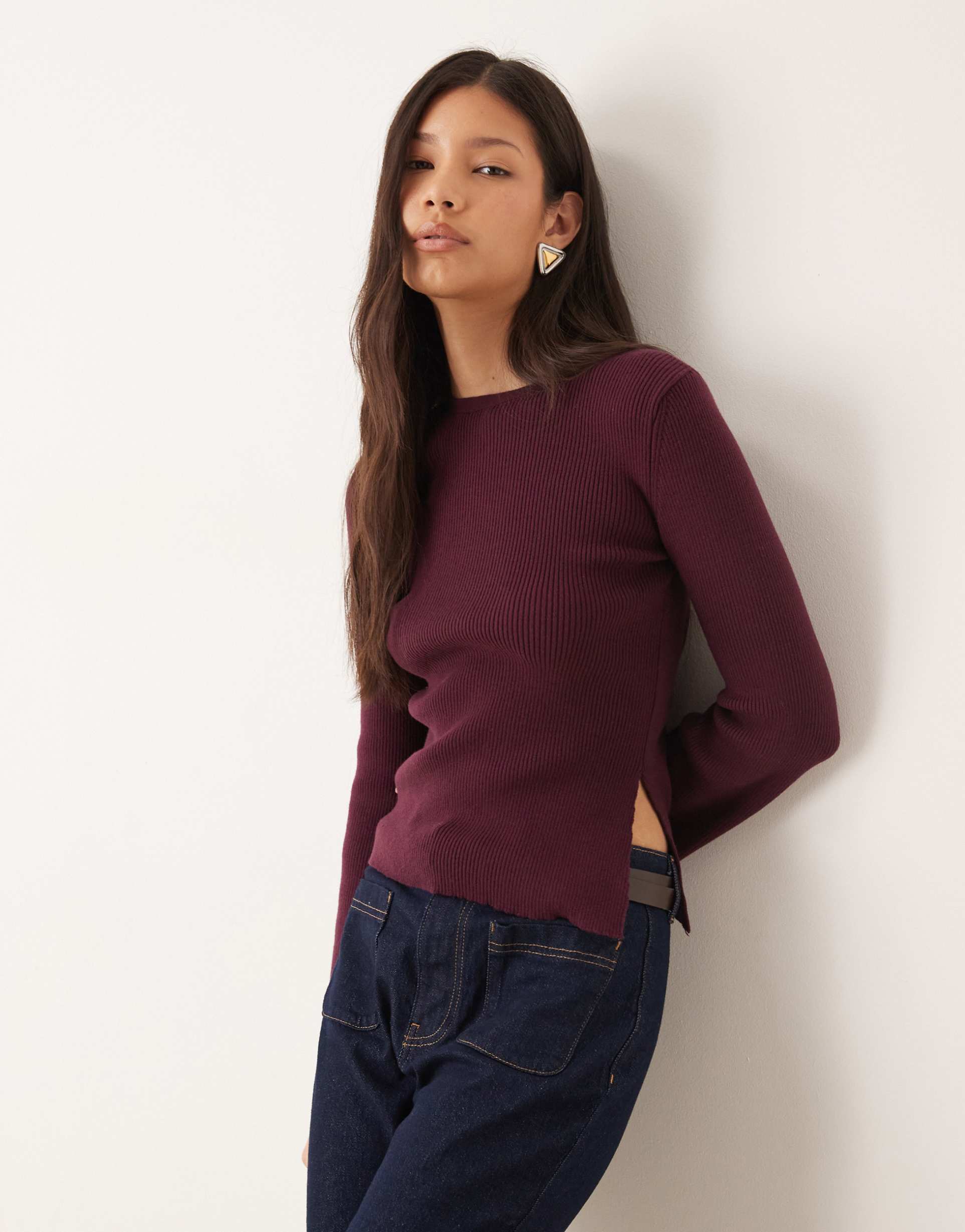 asos design fine knit top with flare sleeves in plum