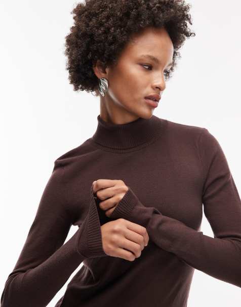 ASOS DESIGN fine knit turtle neck sweater in chocolate brown - view 1