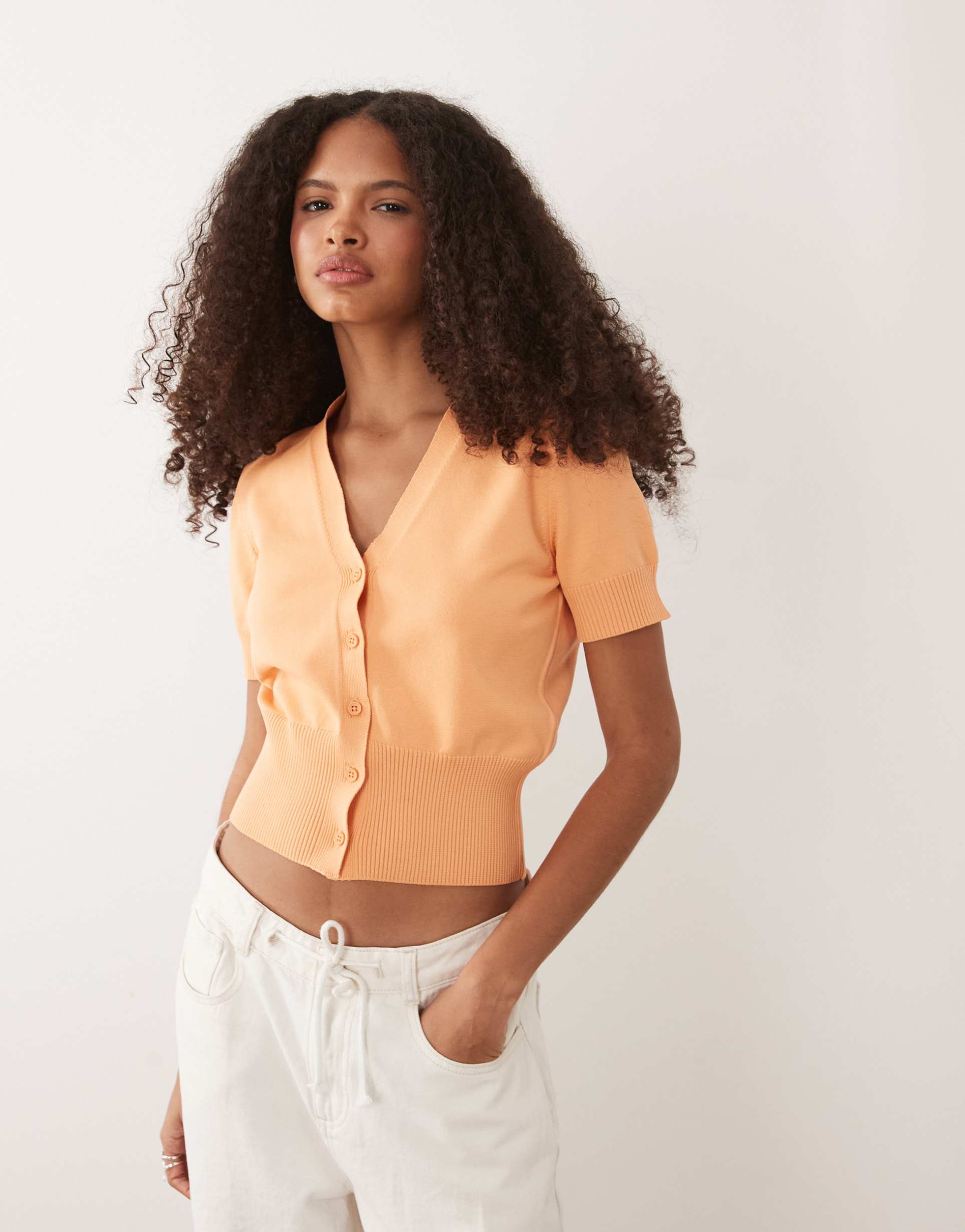 asos design fine knit v-neck cardigan in peach