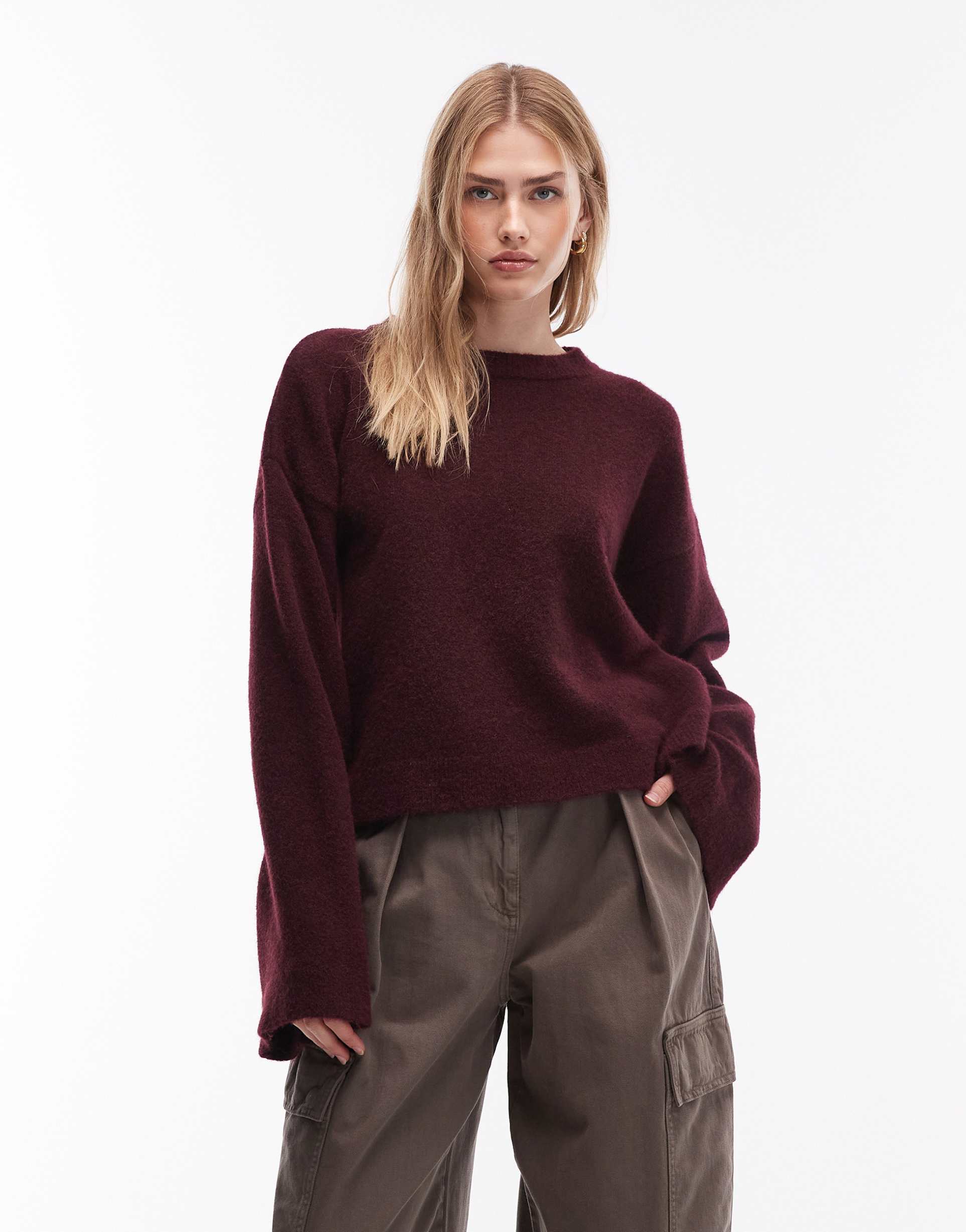 asos design fine knit wide sleeve wool blend sweater in wine