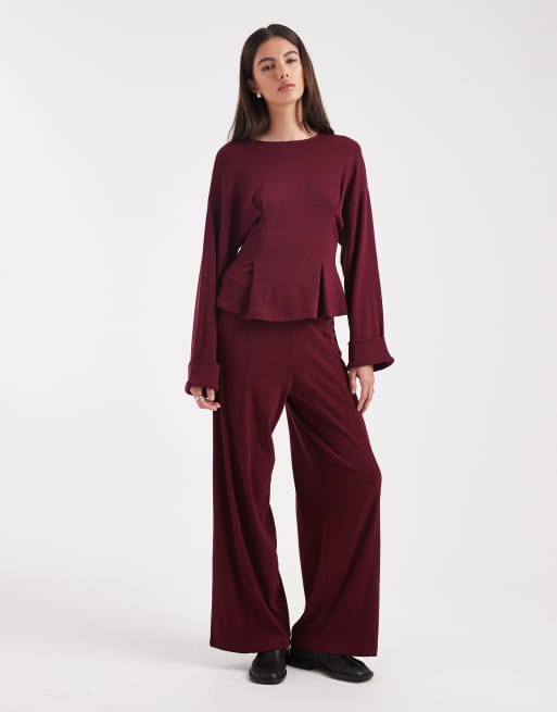 ASOS DESIGN fine knitted cinch waist deep-cuff long sleeve top in dark cherry, 2 of 4