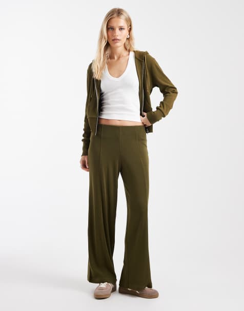 ASOS DESIGN fine knitted wide leg pants in olive - view 1