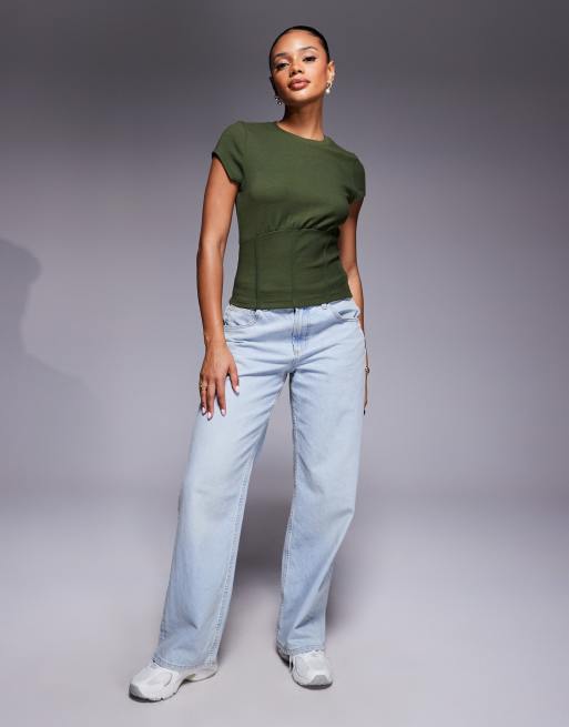 ASOS DESIGN fine rib short sleeve top with corset waist in dark olive, 2 of 4