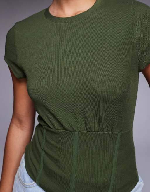 ASOS DESIGN fine rib short sleeve top with corset waist in dark olive, 3 of 4