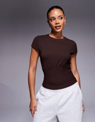 Asos Design Fine Rib Short Sleeve Top With Waist Seam Detail In Brown