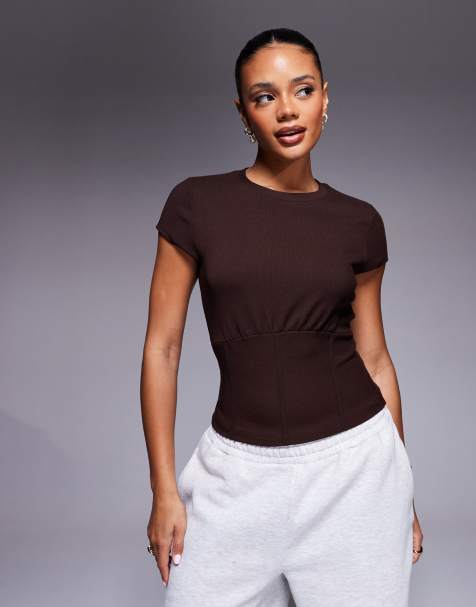 ASOS DESIGN fine rib short sleeve top with waist seam detail in chocolate