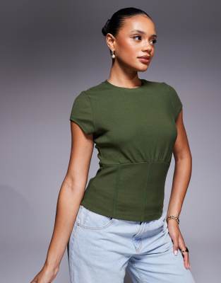 Asos Design Fine Rib Short Sleeve Top With Waist Seam Detail In Green