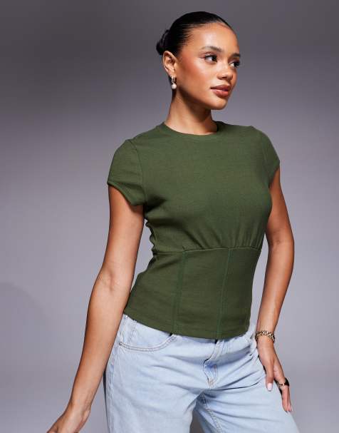 ASOS DESIGN fine rib short sleeve top with waist seam detail in dark olive