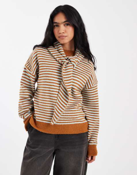 ASOS DESIGN fine stripe knit jumper in toffee and duck egg blue