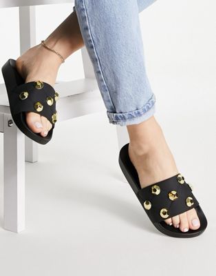 ASOS DESIGN Finery quilted studded sliders in black