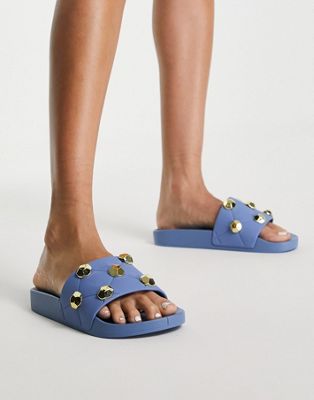 ASOS DESIGN Finery quilted studded sliders in blue - ASOS Price Checker