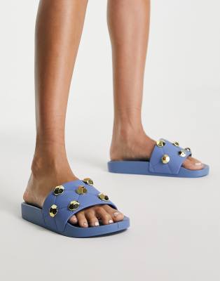 ASOS DESIGN Finery quilted studded sliders in blue | ASOS