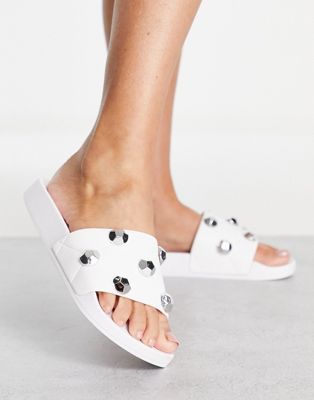 ASOS DESIGN Finery quilted studded sliders in white