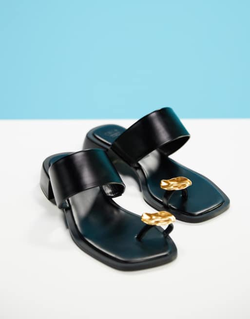 ASOS DESIGN Finesse heeled mule sandals with hammered metal toe loop in black