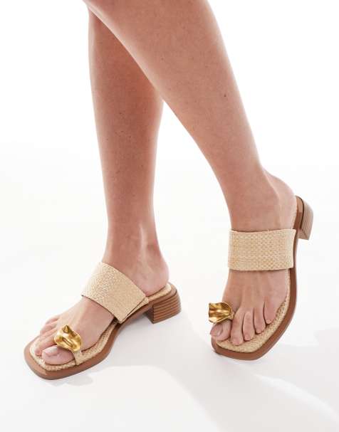 ASOS DESIGN Finesse heeled mule sandals with hammered metal toe loop in natural - view 1