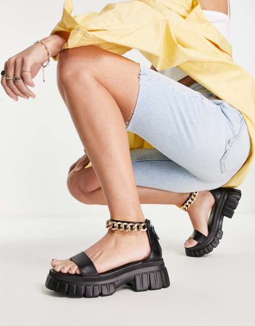 ASOS DESIGN Finicky chunky flat sandals with chain detail in black